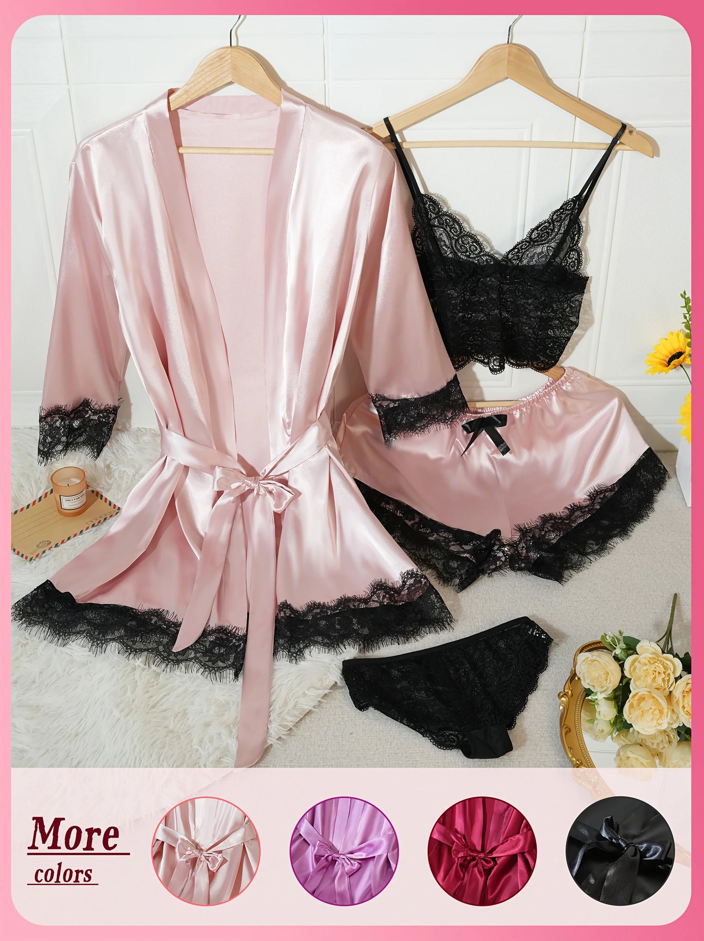 Women’s 4-Piece Satin Pajama Set – Silk Robe & Nightgown Sleepwear