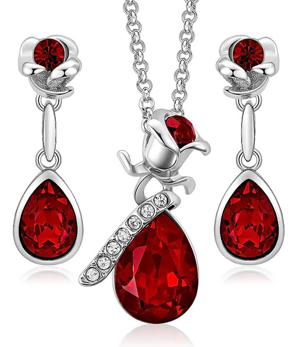VALENTINE THEME FLOWER AND TEARDROP NECKLACE AND EARRING SET