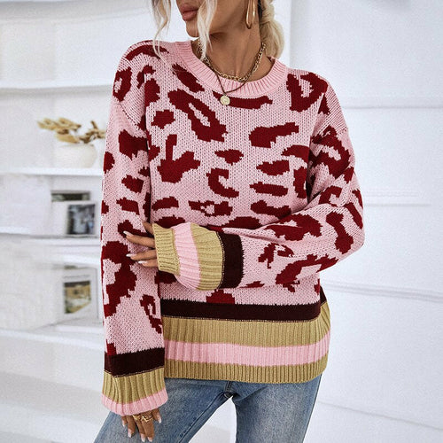 Round Neck Pullover Sweater Contrast Color Leopard Knit Sweater - Executive-Skincare