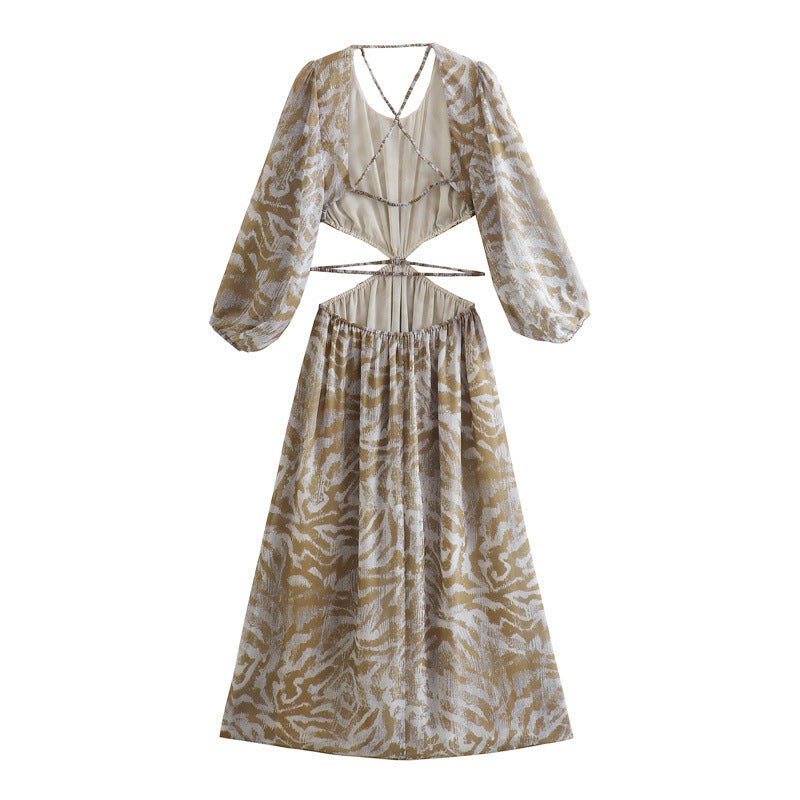 PRINTED DRESS CUT-OUT DETAIL Round Neck Midi Dress - Executive-Skincare