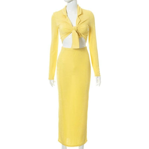Sexy Two Piece Set Solid Long Sleeve Knotted Shirt Maxi Skirts Womens - Executive-Skincare