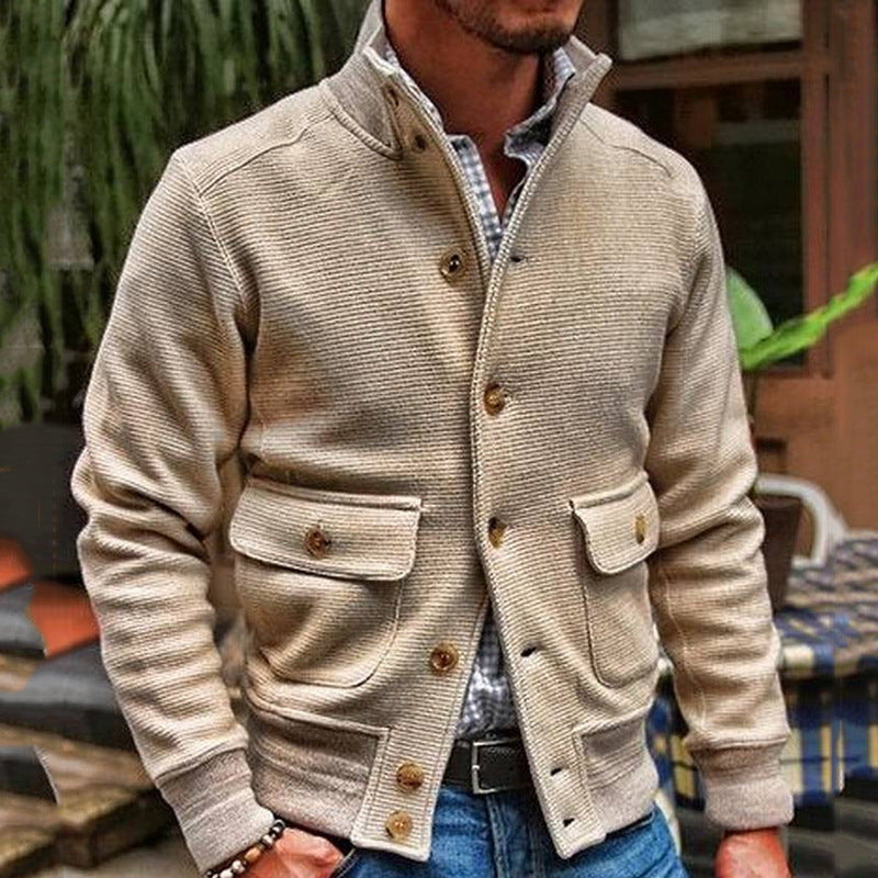 Men’s Solid Color Chunky Waffle Knit Button Front Jacket - Executive-Skincare