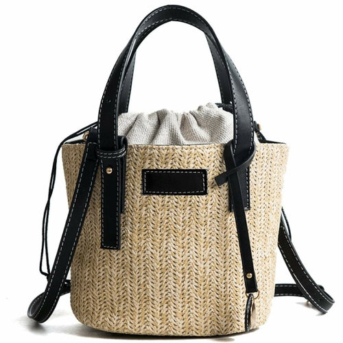 Straw Shoulder Bucket Bag with Vegan Leather Handle - Executive-Skincare