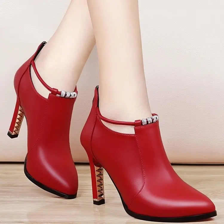 Botas Mujer2019new Winter Boots Women Shallow Round Toe Red Women&#39;s Boots Thin Heels Zip Ankle Boots Pu Leather Zapatos De Mujer - Executive-Skincare