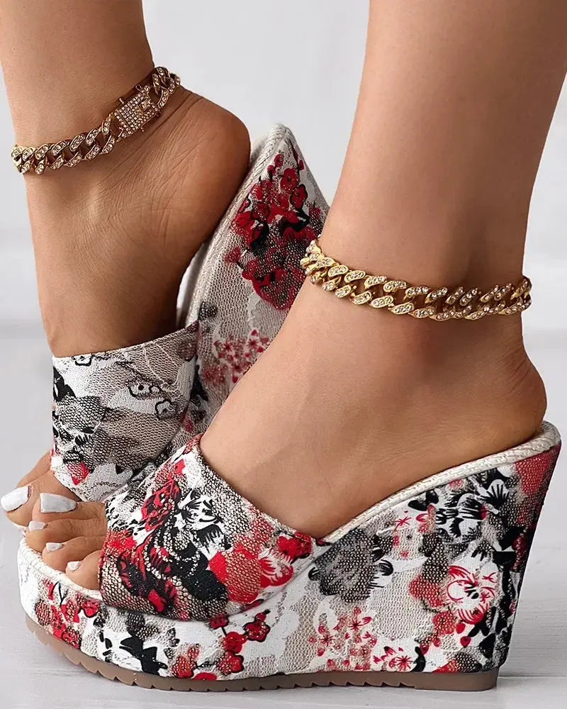 Women Shoes Fashion Shoes Casual Flip Flops Summer Vintage Floral Print Peep Toe Wedge Slippers - Image #4