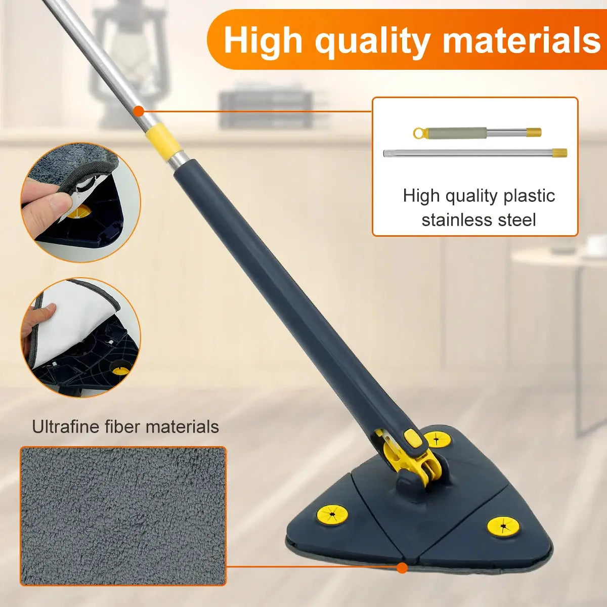 Telescopic Triangle Mop 360° Rotatable Spin Cleaning Mop Adjustable Squeeze Wet and Dry Use Water Absorption Home Floor Tools - Image #3