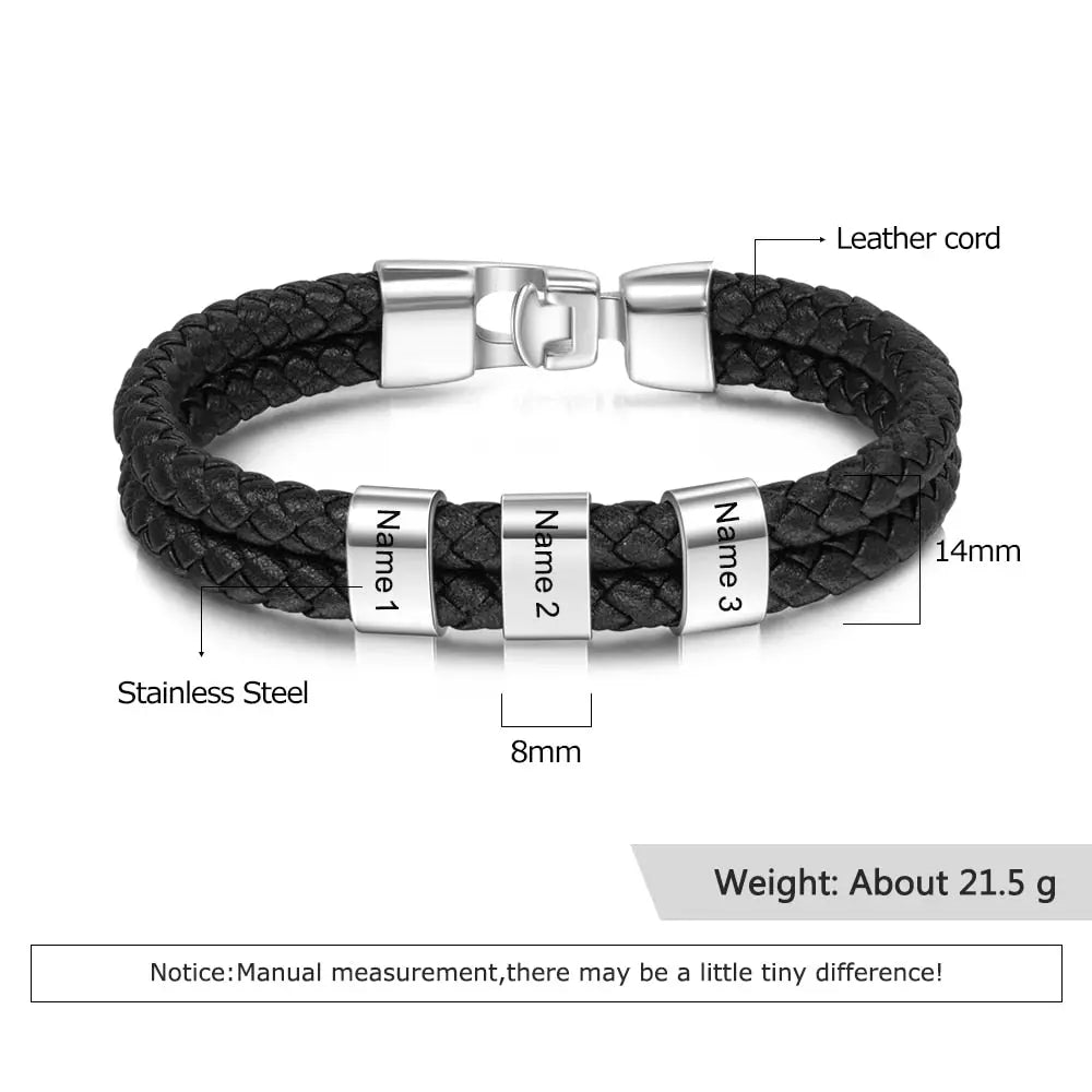 JewelOra Personalized Engraved Family Name Beads Bracelets Black Braided Leather Stainless Steel Bracelets for Men Fathers - Executive-Skincare