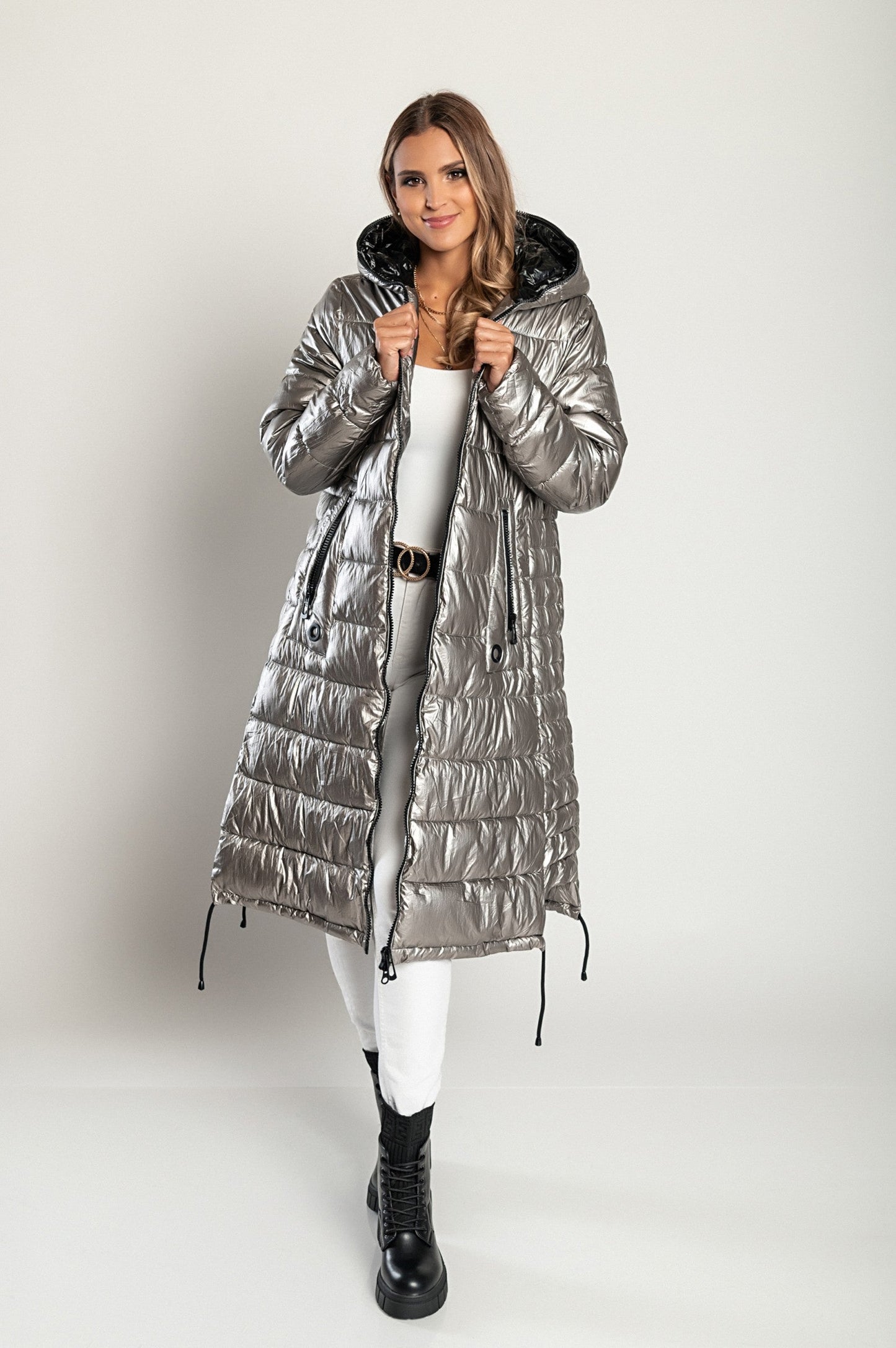 Long winter jacket with hood, 2237, silver