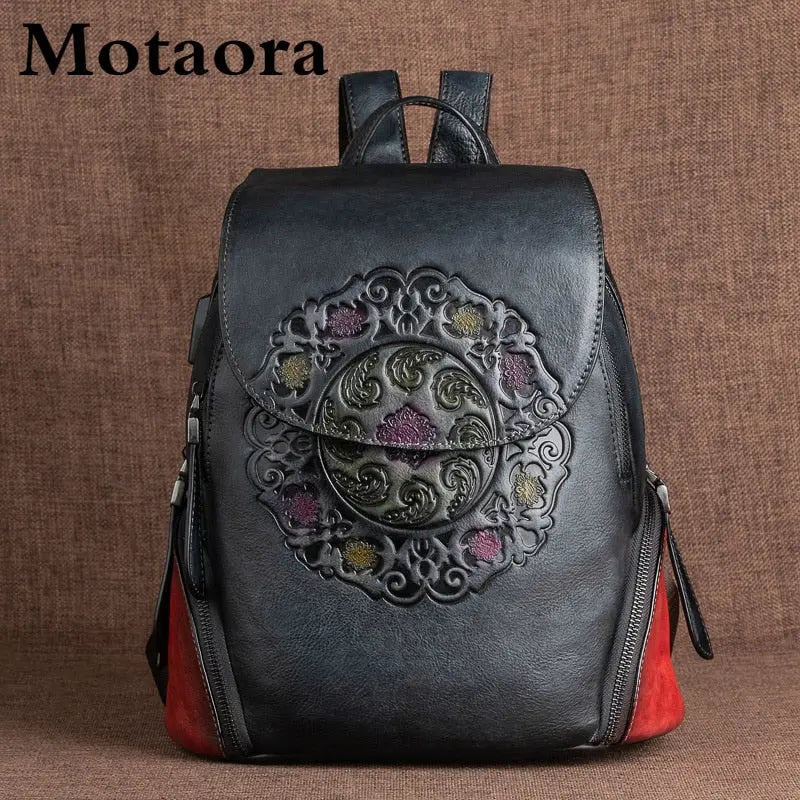 MOTAORA Fashion Backpack Retro Genuine Leather Backpacks For Women New Handmade Embossed Vintage Bag China Style Backpack Ladies - Executive-Skincare