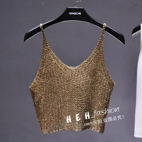 Sparkling Sequins Half Waist Render Knitwear Hollow-out Is Sexy Waist Condole Top Cropped  Sexy Streetwear   Woman Tops Summer - Executive-Skincare