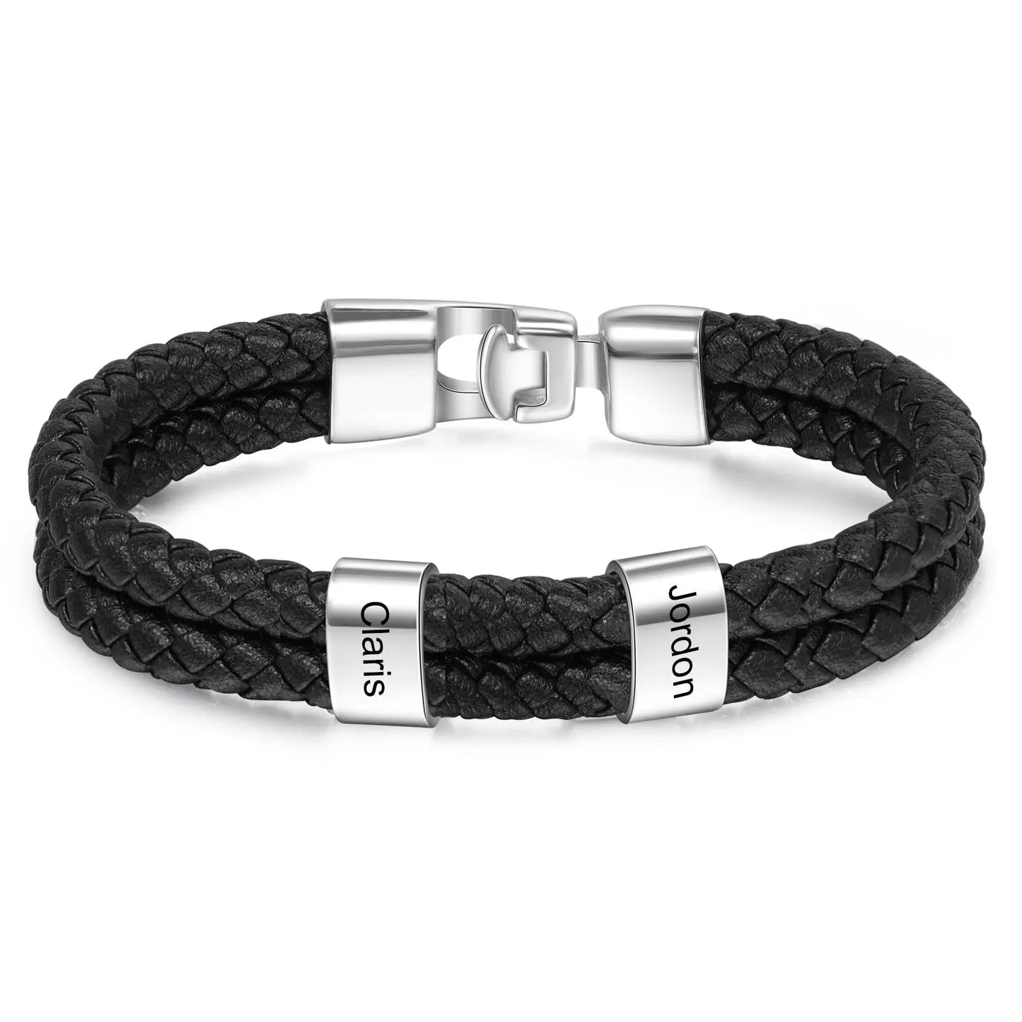 JewelOra Personalized Engraved Family Name Beads Bracelets Black Braided Leather Stainless Steel Bracelets for Men Fathers - Executive-Skincare