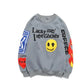 Harajuku Retro Smiley Flame Print Round Neck Sweatshirts Men and Women Plus Velvet Streetwear Fleece Hoodie Pullover - Executive-Skincare