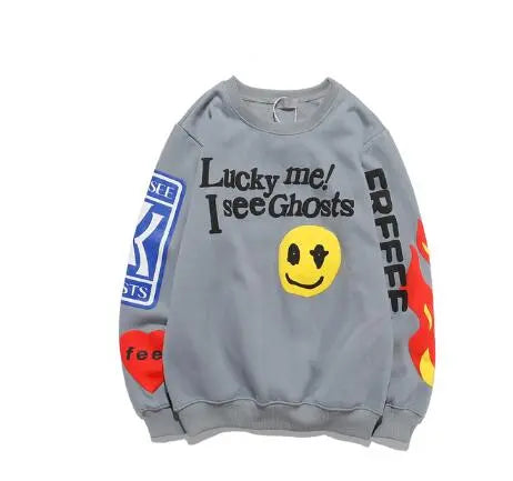 Harajuku Retro Smiley Flame Print Round Neck Sweatshirts Men and Women Plus Velvet Streetwear Fleece Hoodie Pullover - Executive-Skincare