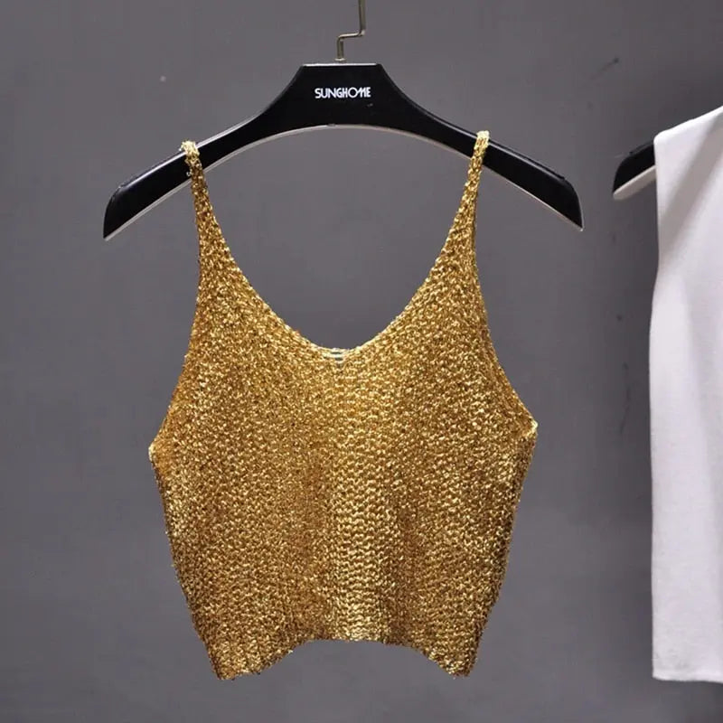 Sparkling Sequins Half Waist Render Knitwear Hollow-out Is Sexy Waist Condole Top Cropped  Sexy Streetwear   Woman Tops Summer - Executive-Skincare