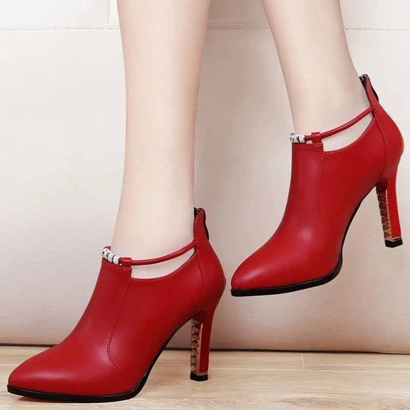 Botas Mujer2019new Winter Boots Women Shallow Round Toe Red Women&#39;s Boots Thin Heels Zip Ankle Boots Pu Leather Zapatos De Mujer - Executive-Skincare