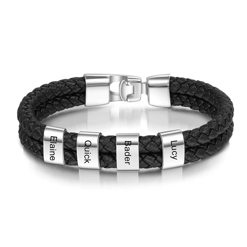 JewelOra Personalized Engraved Family Name Beads Bracelets Black Braided Leather Stainless Steel Bracelets for Men Fathers - Executive-Skincare