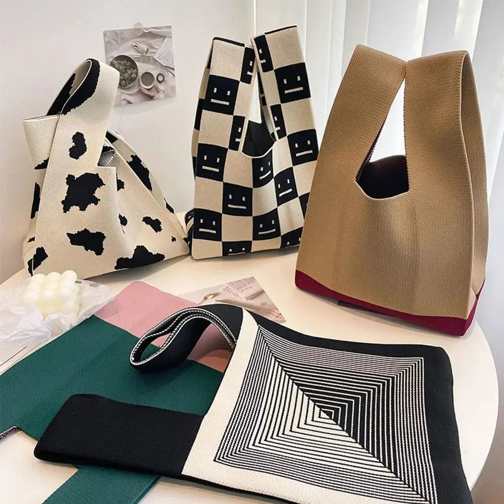 2024 Handmade Knit Handbag Women Mini Knot Wrist Bag Casual Color Plaid Tote Bag Student Reusable Shopping Bags - Image #3