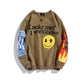 Harajuku Retro Smiley Flame Print Round Neck Sweatshirts Men and Women Plus Velvet Streetwear Fleece Hoodie Pullover - Executive-Skincare