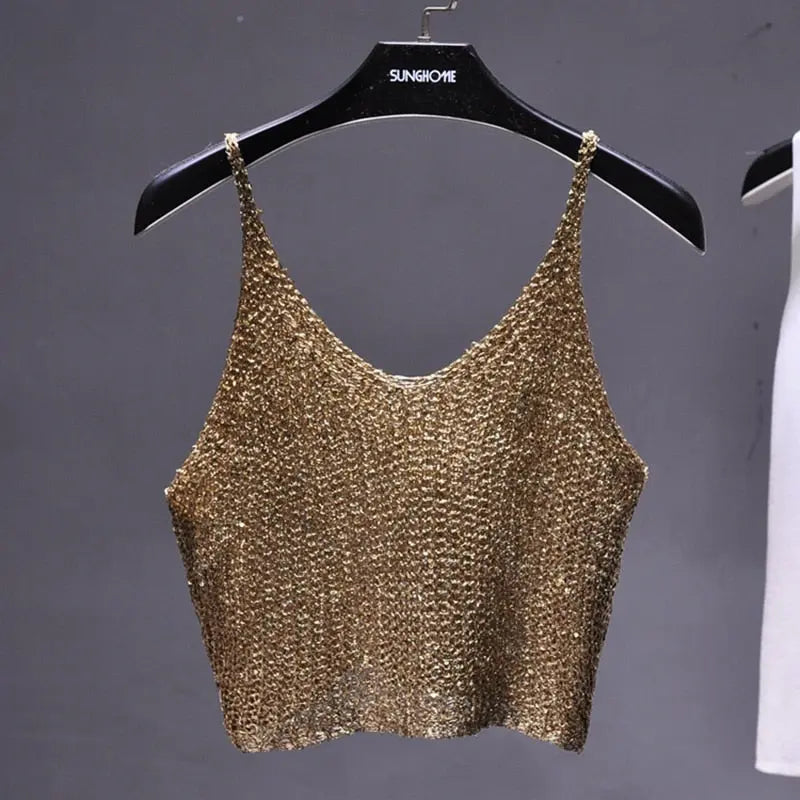 Sparkling Sequins Half Waist Render Knitwear Hollow-out Is Sexy Waist Condole Top Cropped  Sexy Streetwear   Woman Tops Summer - Executive-Skincare