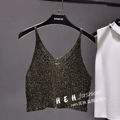 Sparkling Sequins Half Waist Render Knitwear Hollow-out Is Sexy Waist Condole Top Cropped  Sexy Streetwear   Woman Tops Summer - Executive-Skincare