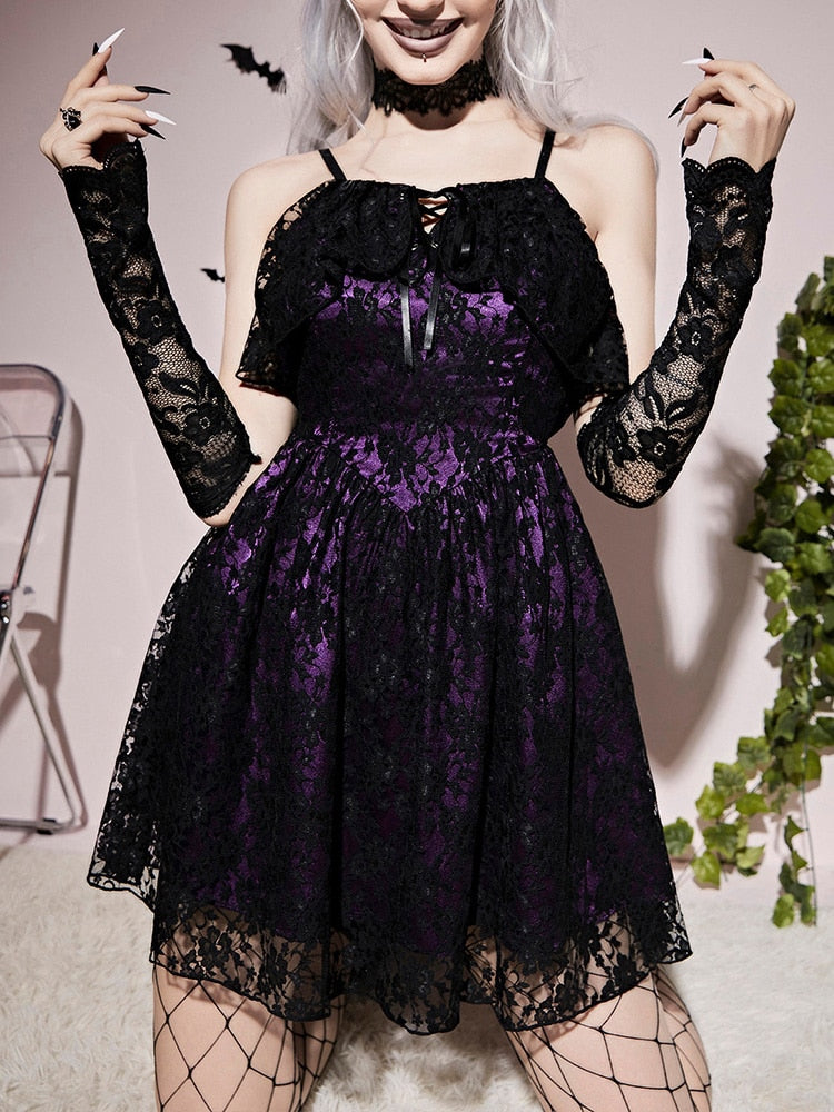 Purple Gothic Lace Up Back Cami Dress Halloween Costume Without Gloves