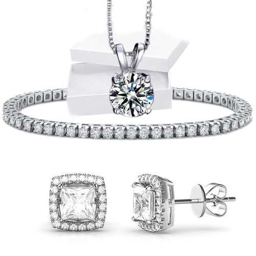 3 Piece Halo Set With Crystals in 18K White Gold Plated ITALY Design