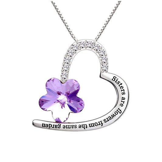 Sisters Amethyst Heart Necklace Embellished with  Crystals in 18K White