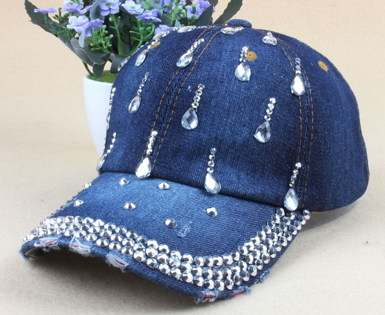 New Denim Hip Hop Caps Fashion Leisure Woman Cap With Water Drop Rhinestones Vintage Jean Cotton Baseball Caps