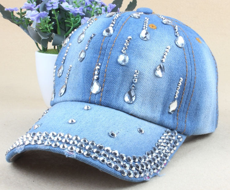 New Denim Hip Hop Caps Fashion Leisure Woman Cap With Water Drop Rhinestones Vintage Jean Cotton Baseball Caps