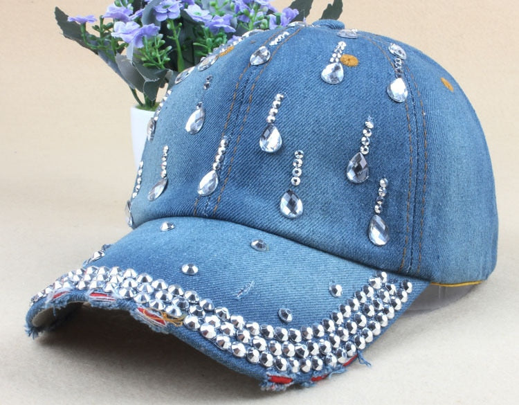 New Denim Hip Hop Caps Fashion Leisure Woman Cap With Water Drop Rhinestones Vintage Jean Cotton Baseball Caps