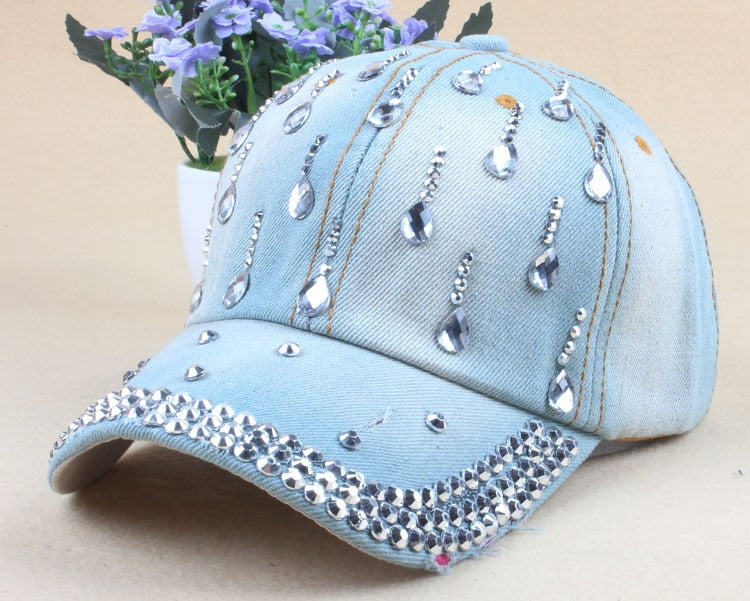 New Denim Hip Hop Caps Fashion Leisure Woman Cap With Water Drop Rhinestones Vintage Jean Cotton Baseball Caps