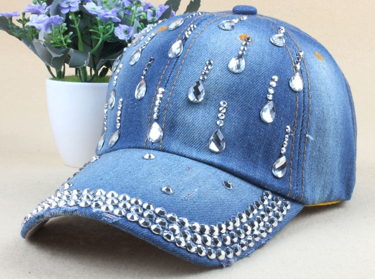 New Denim Hip Hop Caps Fashion Leisure Woman Cap With Water Drop Rhinestones Vintage Jean Cotton Baseball Caps