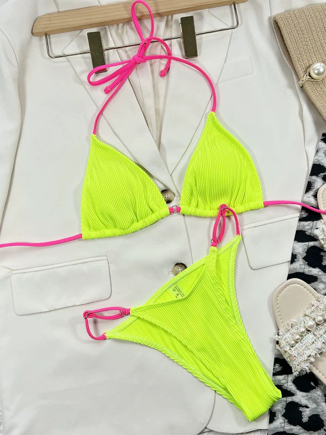 Eye-Catching Bright Triangle Lace-Up Hanging Neck Split Swimsuit Short and Stylish European American Gyaru Beach Club Bikini