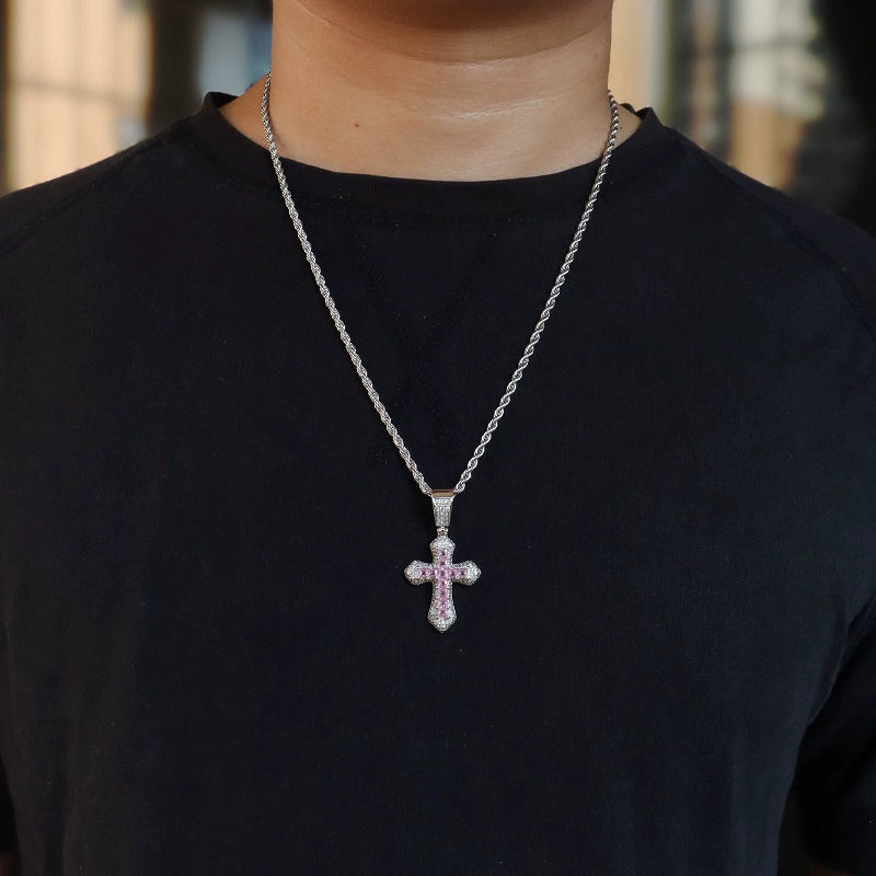 Pink Blue Cross Pendant Necklace with Zircon INS Short Eye Catching Design for Fashion Lovers