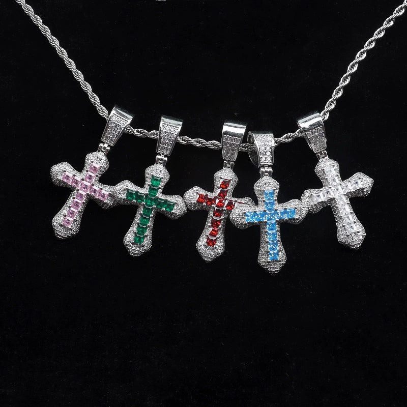 Pink Blue Cross Pendant Necklace with Zircon INS Short Eye Catching Design for Fashion Lovers