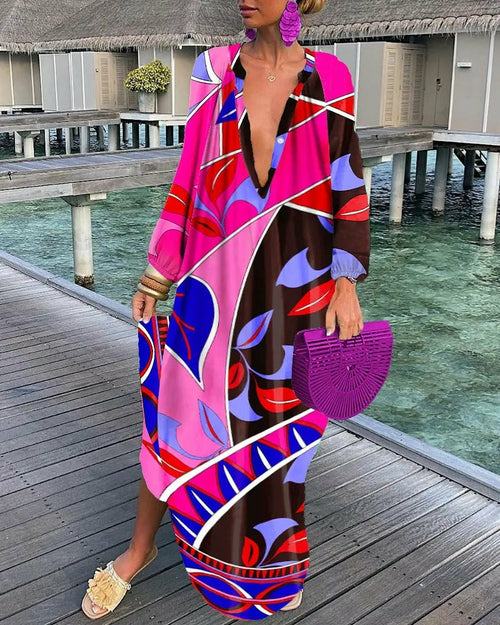 Loose V-neck Printed Long Sleeve Dress for Women