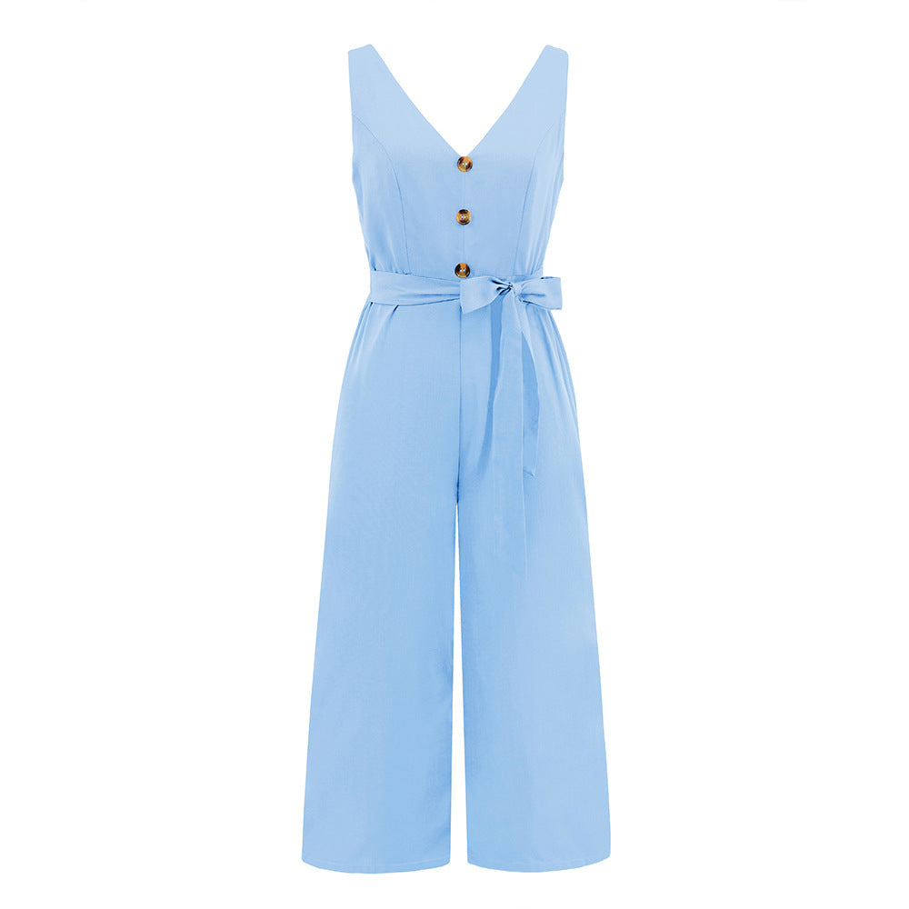 sleeveless button V-neck jumpsuit