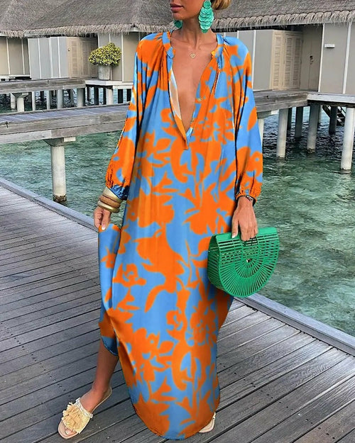 Loose V-neck Printed Long Sleeve Dress for Women