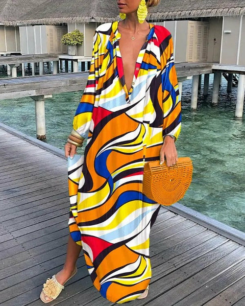 Loose V-neck Printed Long Sleeve Dress for Women