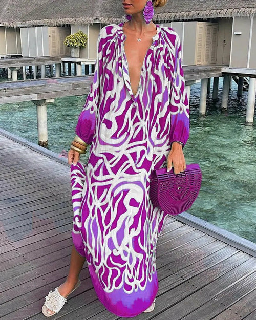 Loose V-neck Printed Long Sleeve Dress for Women