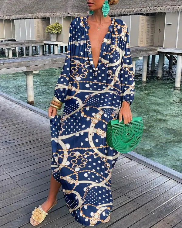 Loose V-neck Printed Long Sleeve Dress for Women