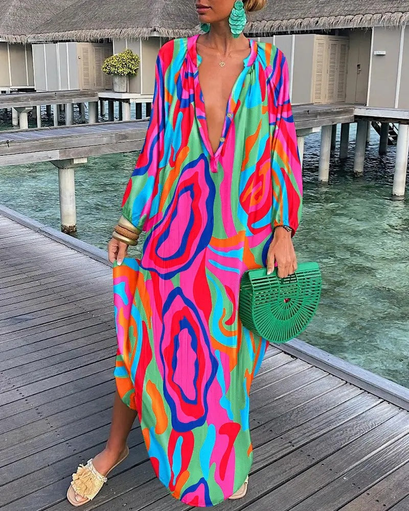 Loose V-neck Printed Long Sleeve Dress for Women