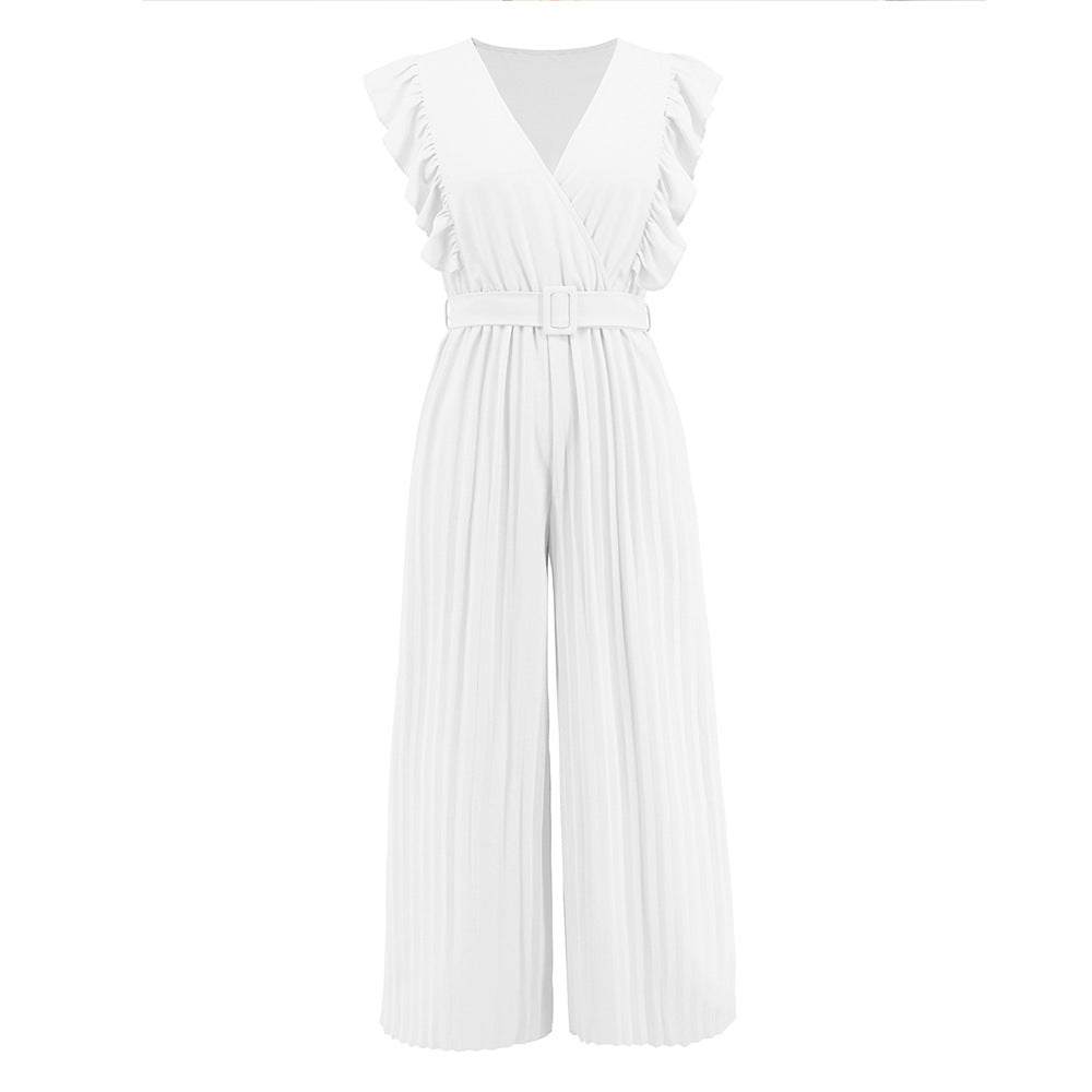 High Waist Sleeveless V-neck Pleated Wide Leg Jumpsuit