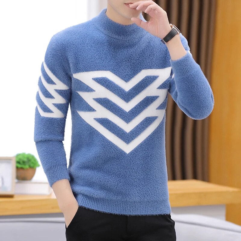 Men Autumn/winter Fashion Heavy Knit Turtleneck Sweater Mink Cashmere Knit Handsome Slim New Pullover with Thick Foundation