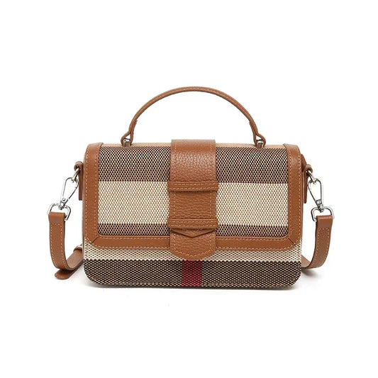 2024 Plaid Women Handbags Small Genuine Leather Shoulder Bags Excellent Stripe Canvas Purse Brand Design Cowhide Messenger Bag