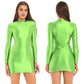 Womens Glossy Bodycon Dress Long Sleeve Mini Pencil Dress Nightwear Smooth Stretchy Mock Neck Tight Dresses Clubwear Costume