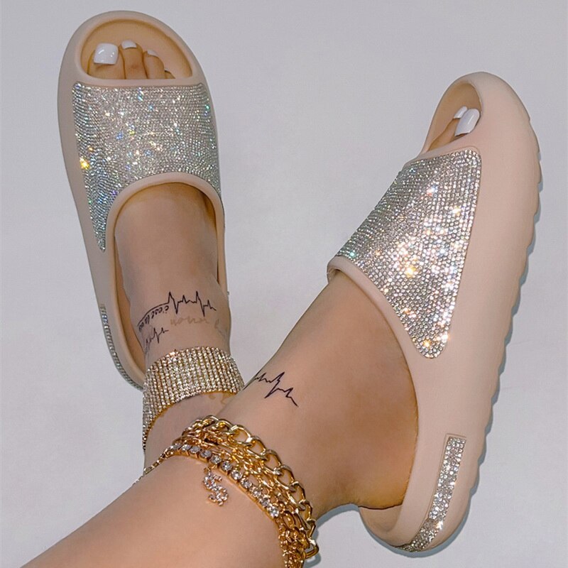 Women Fashion Slides Platform Rhinestone Decor Slide Sandals Outdoor Non-Slip Beach Sandals Slippers