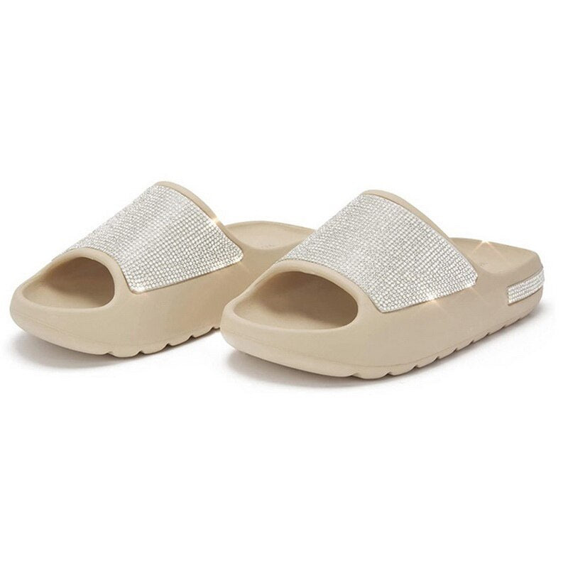 Women Fashion Slides Platform Rhinestone Decor Slide Sandals Outdoor Non-Slip Beach Sandals Slippers