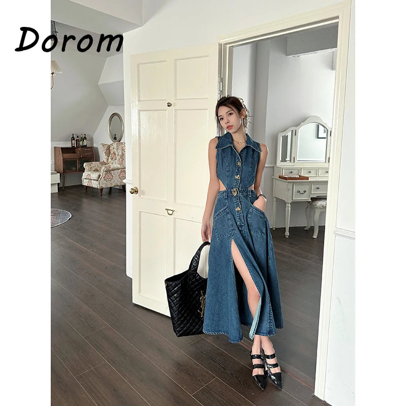 Vintage Blue Denim Sleeveless Dress Outfits Women Summer Sexy Backless Single-breasted Slit Jeans Sundress Elegant Lapel