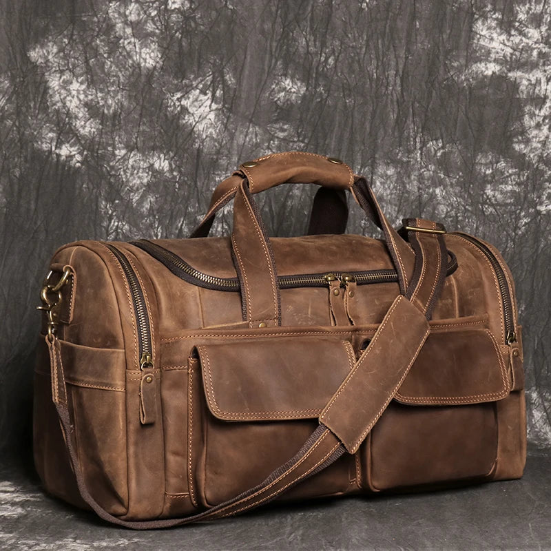 Retro Brown Men's Hand Luggage Bag Crazy Horse Leather Large Capacity Travel Bag Business Weekend One Shoulder Messenger Bag